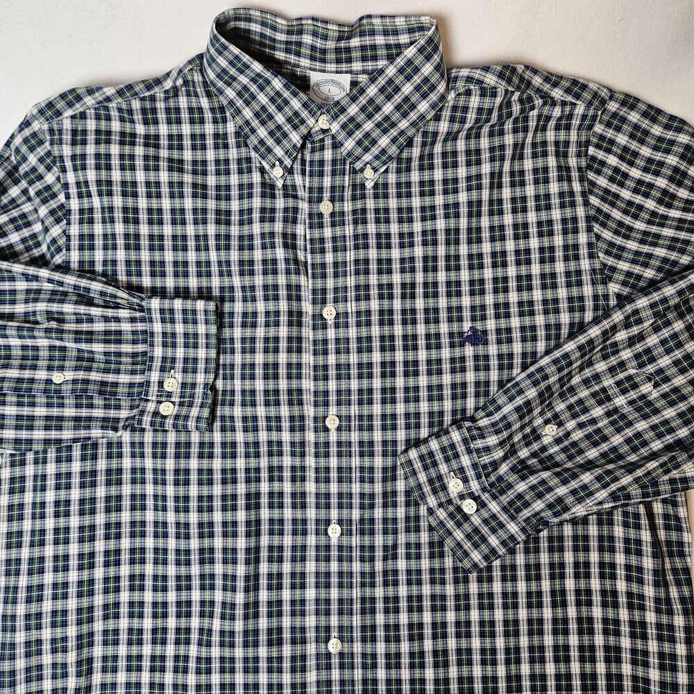 Brooks Brothers 1818 Regent Non-iron Mens Dress Shirt Large Blue Green Check